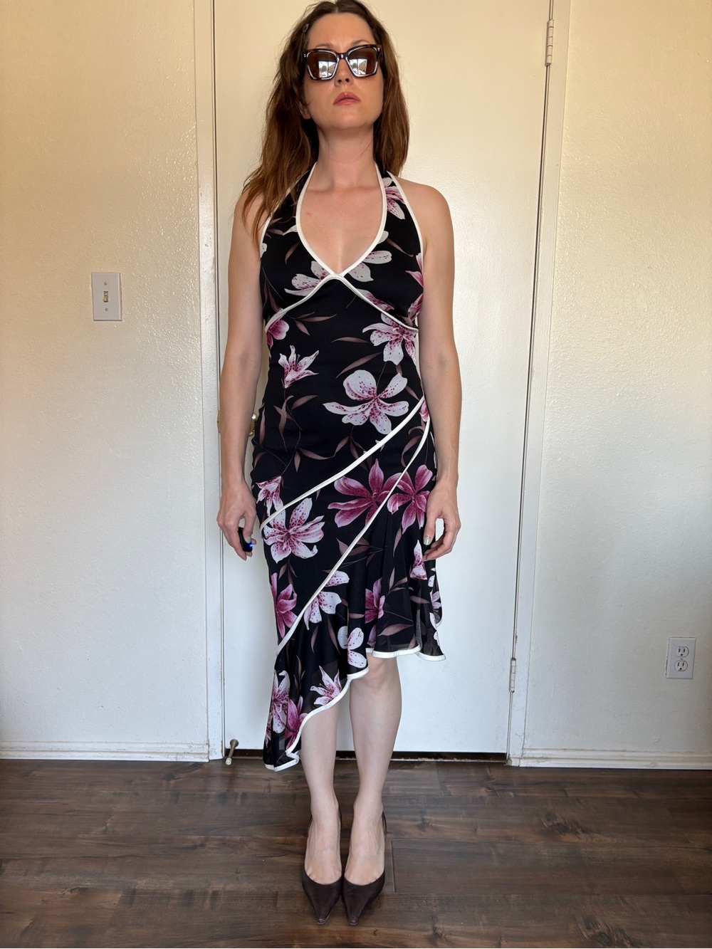 Ruby Rox Black Halter Floral Midi Dress with Pink Blooms